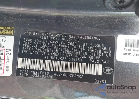 2007 Toyota Camry Le from USA, damaged, VIN 4T1BE46K27U516451